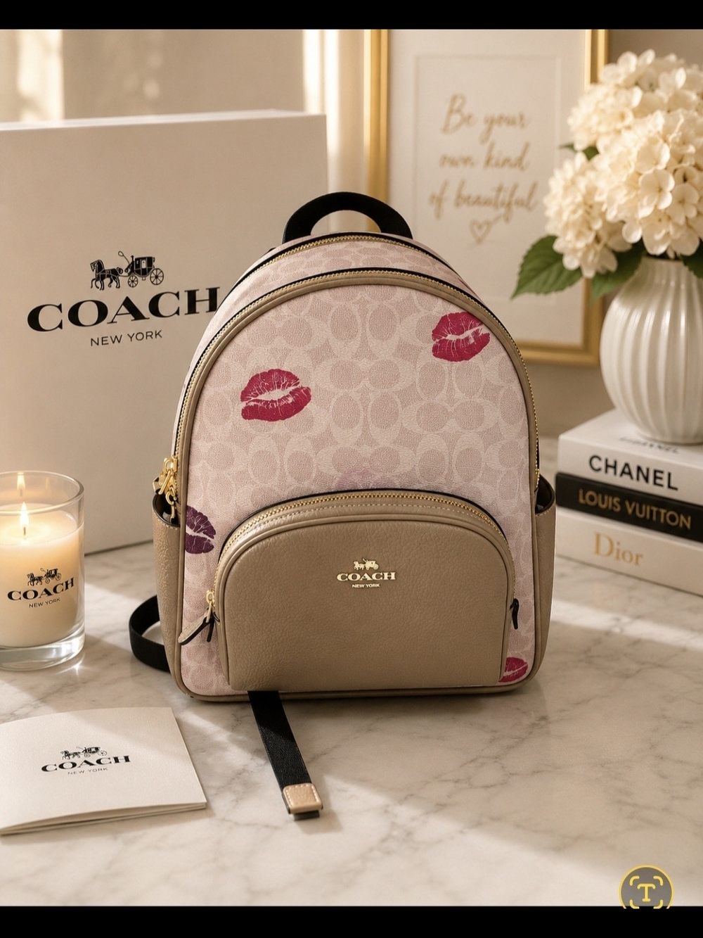 COACH Signature Kiss Print  Backpack in Pink and Taupe